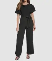 DKNY Women's Black Cowl Neck Flutter Sleeve Stretch Self-Tie Jumpsuit Size 16