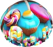 Colorful Sweet Lollipop Cupcake Donut Print Shower Cap For Women Men Reusable Lightweight Soft Bath Hair Cap With Elastic Band