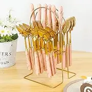 24 Pcs Silverware Set with Hanging Holder Stainless Steel Flatware Set Service for 6 Utensils Set Mirror Polished Tableware Set Forks Knives Spoon Set for Home Kitchen (Pink)