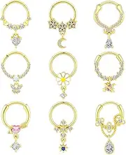 [YOFANST] 9pcs Septum Clicker 16G Stainless Steel Hinged Segment Ring Dangle Butterfly Heart Moon Star Planet Charm Nose Ring Hoop