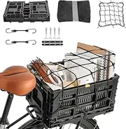 [BEEYEO] Rear Bike Basket, Foldable Bicycle Cargo Rack Storage Basket, Universal Bike and Electric Bike Rear Basket with Waterproof Cover, Easy to Install, Heavy Duty Plastic