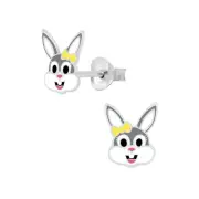 Solid 925 Sterling Silver Grey Bunny Enamel Stud Earrings Animal Women Girls