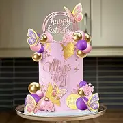 Flower Boho Cake Topper Balls Cake Decorations Happy Birthday Cake Topper for Wedding Baby Shower Party Supplies (Purple Pink)