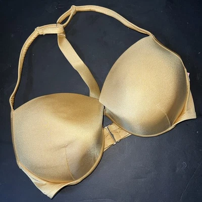 NWT Victoria's Secret 34DDD BIKINI TOP yellow GOLD silver SHINE STRAP racerback