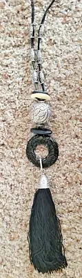 Chicos Necklace Boho Chic Black Silver Tone Beaded Tassel Pendant 24"Cord