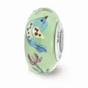 Fenton Green Calico Bird Glass & Sterling Silver Bead Charm