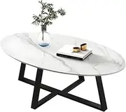 SoOSSN Oval Stone Top Coffee Cocktail Table with Cross Base Slab Coffee Table Marble Coffee Table Small Apartment Oval Tea Table Black Table Top Table Base(White+Black,47" L x 24" W x 18" H)