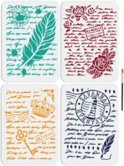 4Pcs Retro French Writing Stencils 11.7×8.3Inch Large French Script Stencil with