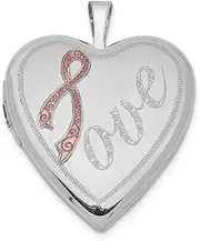 [JewelryWeb] 925 Sterling Silver Patterned Holds 2 photos Polished and satin 20mm-Satin Pink Ribbon Love Heart Locket