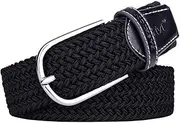 [Gudoye] 3cm Wide Braided Stretch Women Belt funky Colours Elastic Woven Cow Leather Pin Buckle No Holes Canvas Belt(Black,115cm)