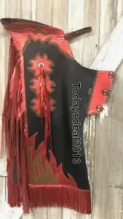 Western Black Top Grain leather Bull Riding Rodeo Chaps with Matching Fringes 45