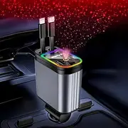 4 in 1 Retractable Car Charger Starlight Compatible with iPhone 16/15/14/13/12/11,Galaxy,Pixel