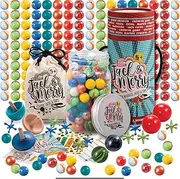 HAPPY JACK & MERRY Marbles - 4 in 1 Glass Marbles for Kids,110 Canicas Marbles Bulk with Large Marbles and Small Marbles,Coloured Marbles Game in a jar,Two 1 inch Shooter Marbles, Tops and Jacks Game