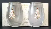 2 PC Set Jeweled Rhinestone & Enameled CHRISTMAS TREE Stemless Wine Glasses NEW