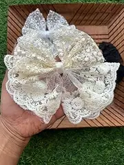[Ashkash] 1 Pcs Large Lace Embroidery Hair Bow Clip Bowknot Hair Slides Metal Duckclip With Ribbon Hair Accessories For Girls & Women (Off White)