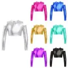 Kids Girls Shiny Long Sleeve Tank Vest Latin Jazz Hip Hop Dance Crop Top AU