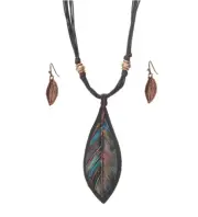 Vintage Style Rustic Metal Leaf Pendant and Multi Cord Necklace and Earrings Set