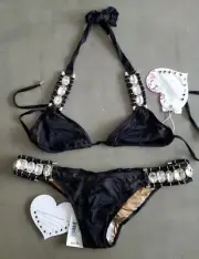 New BEACH BUNNY Roped Up Black Triangle XS Top Skimpy Bikini XL Bottom Set