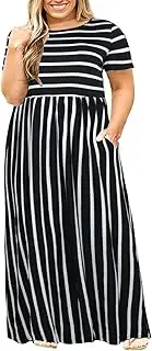 [Nemidor] Women Short Sleeve Loose Plain Casual Plus Size Long Maxi Dress with Pockets (30, Black Stripe)