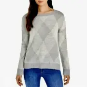 Vince Camuto Womens Sweater Size Large Gray White Argyle Fuzzy Crew Neck New