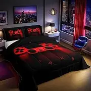 Boys Gamer Comforter Set Queen Size,Gamepad Bedding Set Kids Young Man Video Games Down Comforter for Teen Child Game Room Decor Black Red Classic Retro Gaming Quilted Duvet Set with Pillowcase