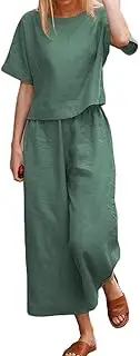 [ZPLxi] Women's Two Piece Summer Loose Oversize Outfits Solid Color Casual Half Sleeve Crew Neck Top Wide Leg Pants Set