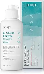 PETITFEE B-Glucan Enzyme Powder Wash 80g - Facial Cleanser, Cleansing Powder with Papaya Extract Papain, Beta-Glucan, Rice Ferment Extract for Gentle, Daily Exfoliation, Facial Soap, Cleansing Mask, Whipped Mask