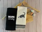Cat Gift Nope Not Today Black & White Embroidered Kitchen Towel TinksTreasurez