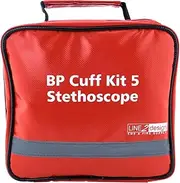 LINE2design Manual BP Cuff Kit 5 Infant Child Adult Large Adult & Thigh - EMS Deluxe Aneroid Sphygmomanometer Blood Pressure Monitor Set + Stethoscope with Carrying Case – Red