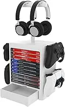 RIXOW Game Storage Tower Ständer für PS5, Vertikaler CD Game Disk Tower für 10 CD und 4 Controller und 2 Headset, CD Speicherhalter Disc Rack mit Schublade für PS5 PS4 Und Andere Spieletaschen