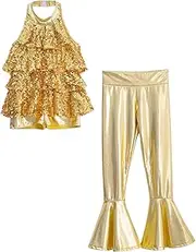 [inhzoy] Kdis Girls Metallic Sequins Jazz Dance Outfits Backless Tank Tops with Bell-bottom Pants Set Costume