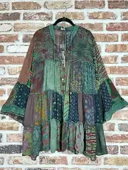 PLUS Size Overdyed Patchwork Block Vintage Basil Laced Ruffle BOHO TUNIC TOP