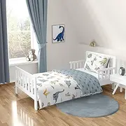 Sweet Jojo Designs Watercolor Dinosaur Dino Boy Toddler Bedding Set Kids 5p Bed in a Bag Comforter Blanket Pillowcase Sham Sheets Green Slate Blue White Modern Jurassic Nature Animal Tracks Footprint