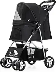 FURBULOUS Pet Dog Stroller, 4-Wheel Foldable Cat Dog Stroller with Underneath Storage, Easy to Fold & Unfold, Cup Holder Handle 360° Front Wheel Rear Wheel with Brake for Small Pets - Black