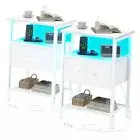 Night Stand Set End Table with Charging Station, LED Bedside Table with 2 White