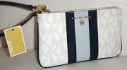 MICHAEL KORS Center Stripe MK Signature CLUTCH Wrist-let Wallet White Navy Blue