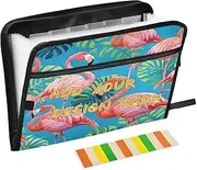 Custom Folder for School 13 Pockets A4 Letter Size Personalizable Paper File Organizer with Zipper Closure for Business Vintage Painting Flamingos Palm Leaf Blue organizador