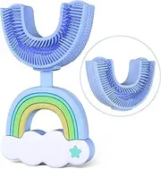 U-Shaped Kids Toothbrush, Manual Training Toothbrush with Food Grade Soft Silicone Toothbrush, 360° Oral Teeth Cleaning Design for Children Infant and Toddler with 1 silicone toothbrush and 1 replacement silicone brush head（2-6 years）(Blue)