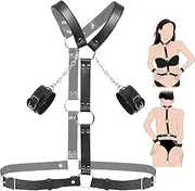 BDSM Bondage Harness with Handcuffs, Sex Bondage Leather Neck Collar Wrist Cuffs Restraint set, SM Slave Bondage Waist Belt Strap Sex Toys for Women Couples