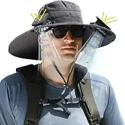 [YAKINI] Wide Brim Solar Fan Outdoor Fishing Hat, 2 Solar Fan Hats for Men, USB & Solar Powered Fan Hat, Sombrero para el Sol Hombre, Sombrero con Ventilador Solar, Fan Hat Solar Powered UPF 50+ Grey, Grey