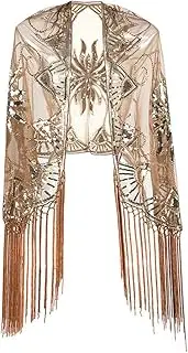 [HEYDHSDC] Floral Sequined Beaded Fringe Evening Wrap Scallops Party Bridal Shawl Flapper Mesh Wedding Cover Up 1920S Scarf