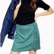 TopShop NWT Plaid Check Side Ruffle Mini Skirt Green Blue Women’s Size 8