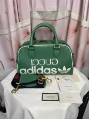 GUCCI X ADIDAS GREEN Dolklar Calfskin Web Trefoil Logo Embossed Mini Duffle Bag