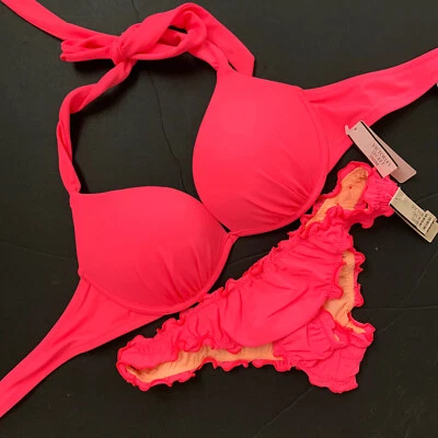 Victoria's Secret push up 32B BIKINI XS ruffle itsy bottom lot coral NEON PINK
