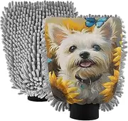 XYMZR Absorbent Microfiber Car Wash Mitt Maltese Dog Sunflower, Funny Cute Anime Scratch Free for Cars Cleaning, Home Cleaning Mitts, 2 Pack, 10.24” L x 7.09” W