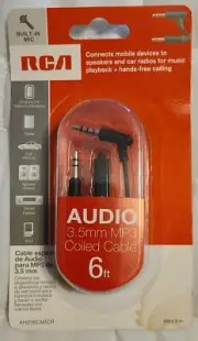 RCA Audio 3.5 mm MP3,MP4 Coiled Cable 6 ft/1.8 m W/Built In Mic AH208CMICR New