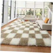 Area Rugs 8x10 for Living Room, Large Fluffy Beige and Cream White Checkered