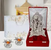 Silver Oxidized Finish Silver Radha Krishna Statue with 2 Pieces Diya Set in Red Royal Luxury Velvet Box (18 cm X 10 cm X 10 cm)