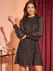 Love & Roses Black Polka Dot Petite High Neck Foil Mini Dress (E43811) | $79