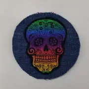 Sugar Skull Rainbow Colored Sew On Denim Patch Halloween Colorful